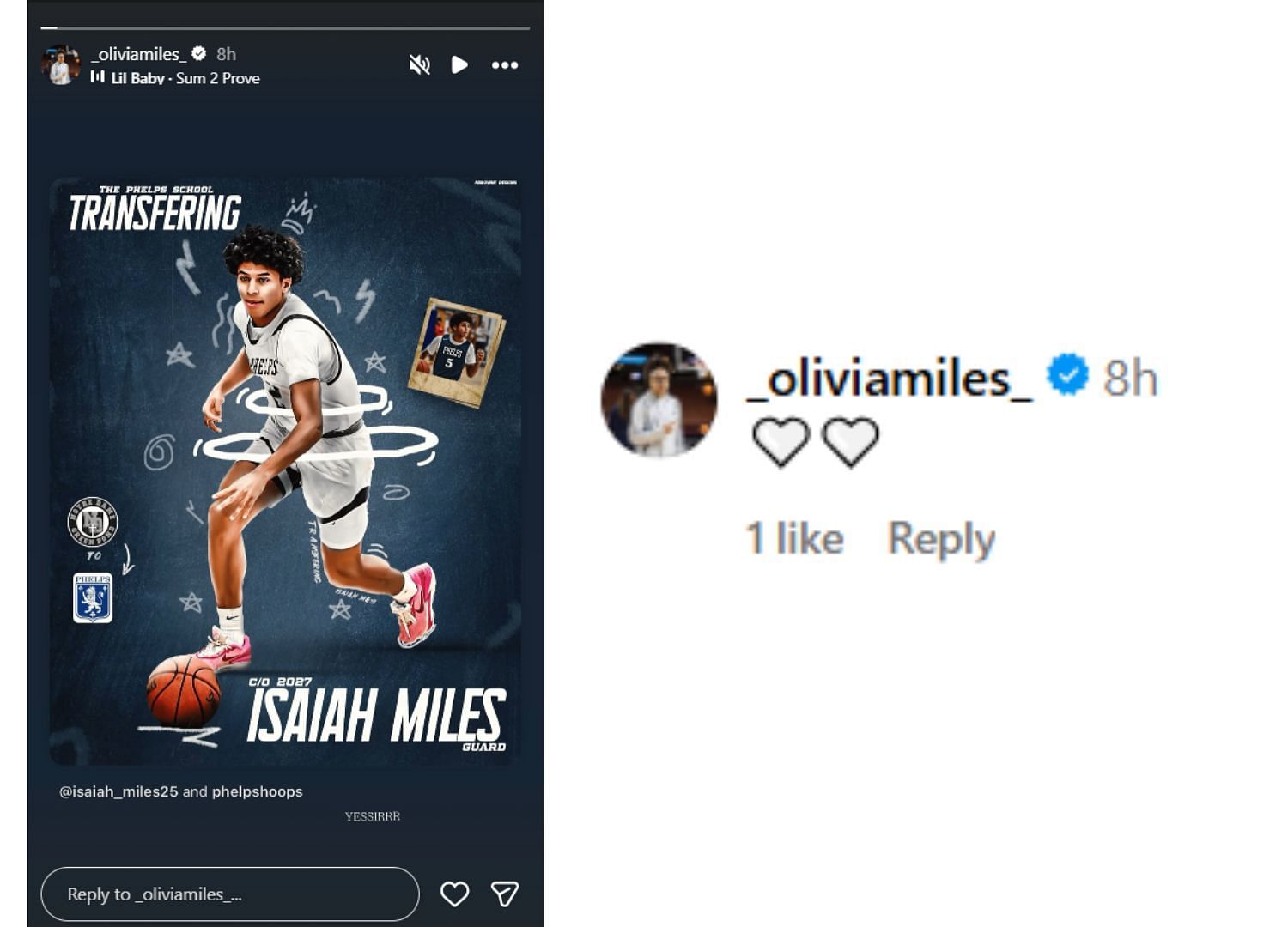 Olivia's comment and reaction to her brother's transfer from Notre Dame | via @_oliviamiles_, @isaiah_miles25/ig